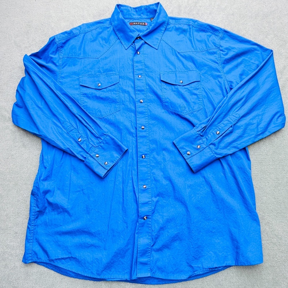 Roper Cat Eye Pearl Snaps Mens Western Shirt 2XL Royal Blue Cotton Long Sleeve